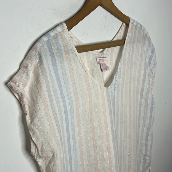 ST. TROPEZ West Linen Metallic Weave Boho Tassel Hem Sleeveless V Neck Blouse - Picture 3 of 11